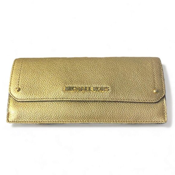 Michael Kors Handbags - MICHAEL KORS - METALLIC GOLD PEBBLED LEATHER HAYES FLAT WALLET